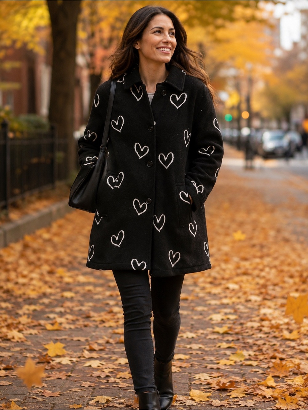 Avec Les Filles Black Coat with White Heart Print